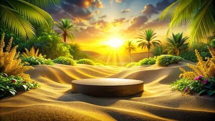 Obraz premium A beautiful catwalk for goods, cosmetics, jewelry or things. on a sandy field with bright lighting