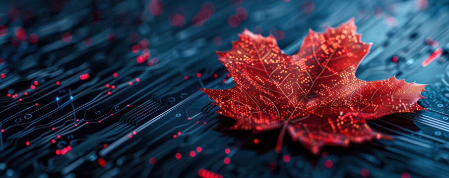 Digital Nature Fusion Red Maple Leaf Blending with Futuristic Cybernetic Circuitry Visualizing the Harmony and Contrast Between Natural Elements and Advanced Technology in a Modern Landscape