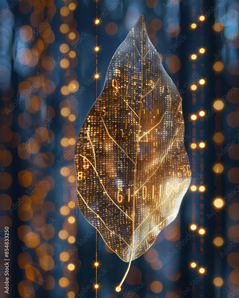 Aufkleber digitally enhanced nature futuristic leaf with code patterns illuminated with warm lights in a mysti