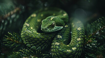 Fototapeta premium Green Snake in Pine Needles, Generative AI