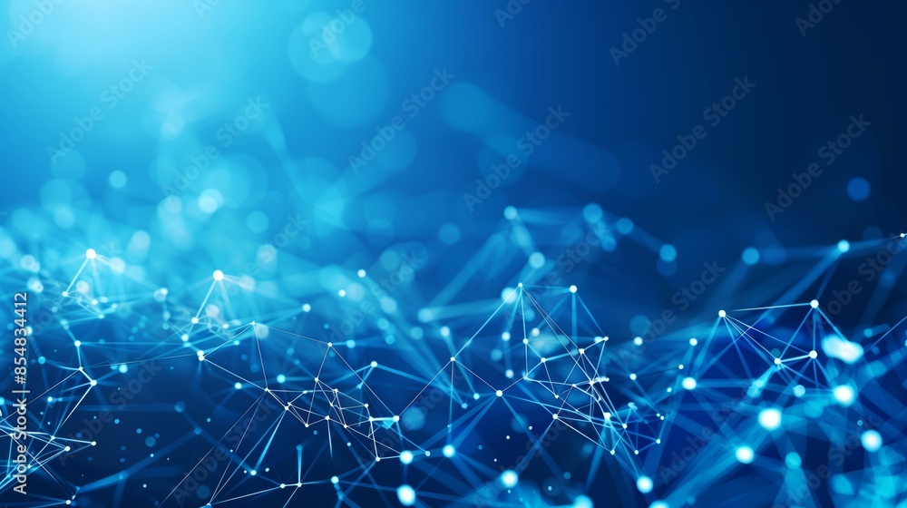 Poster abstract blue background with white dots connected in the form of low poly network.