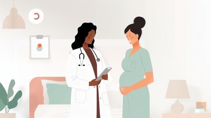 Doctor consulting pregnant woman in clinic, discussing health and prenatal care. Professional healthcare advice in medical setting.