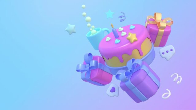 Concept happy day. Birthday cake vector background design. Happy birthday greeting text with yummy cake element decoration for kids party occasion. 3d render