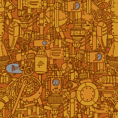 Obraz premium Seamless background with mechanical parts of clocks and retro machines, graphics and math formulas. Hand drawn repeated illustration in steampunk style