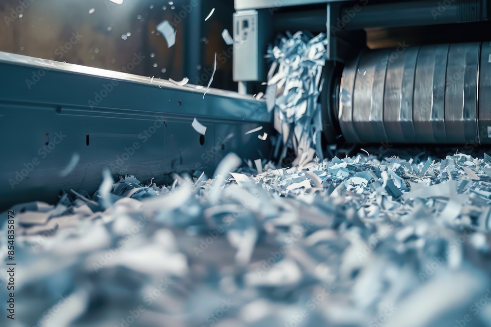 Poster a machine with shredded paper stuck to its surface