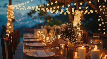 A table set for a wedding reception with a chandelier and candles