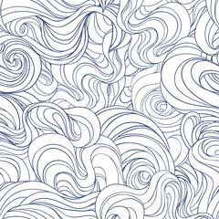 Natural texture. Decorative hand drawn doodle ornamental curly seamless pattern. Vector endless background. Stormy sea line art drawing. Splash ocean, clouds or hair.