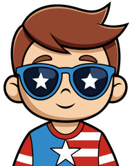 Obraz premium A charming cartoon boy wearing star-shaped sunglasses and a patriotic outfit, celebrating Independence Day.