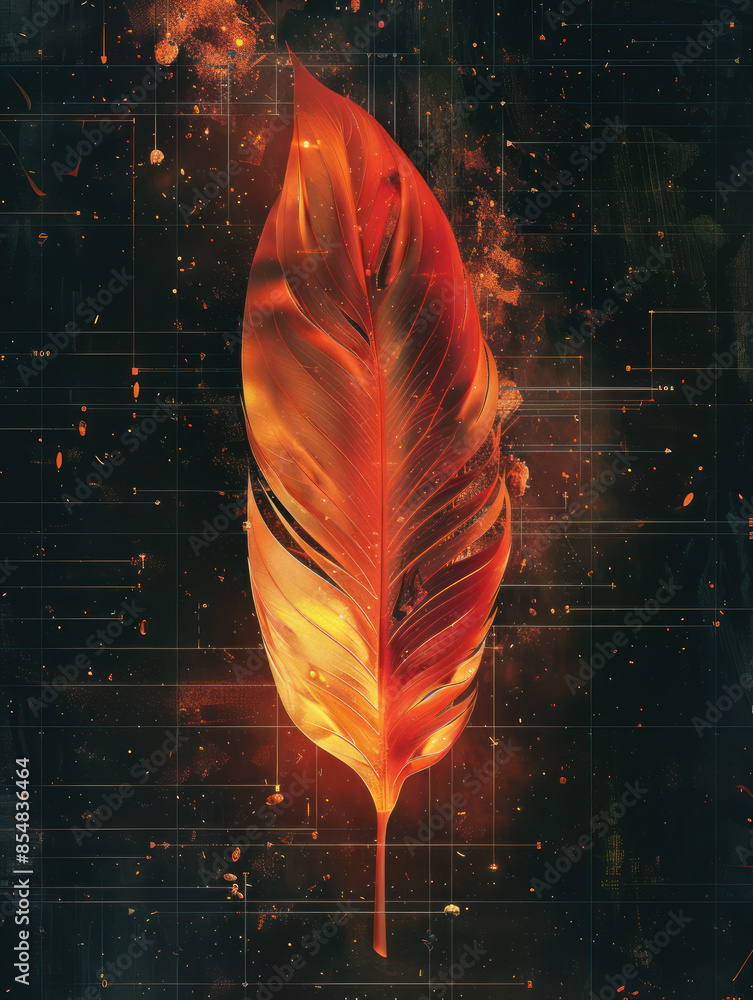 Aufkleber fiery feather glowing orange feather amidst sparkling background with abstract geometric patterns