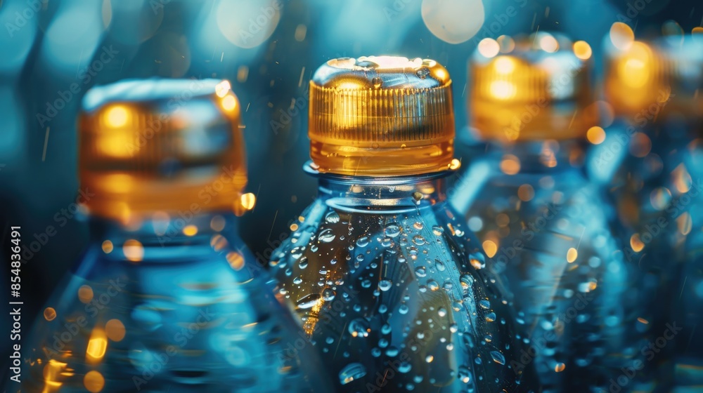 Poster a collection of water bottles arranged side by side, with varying sizes and colors