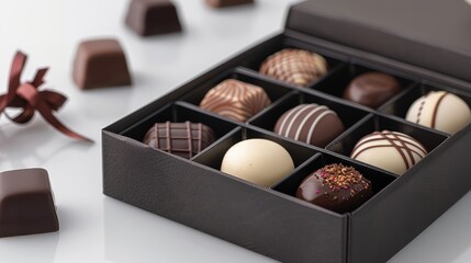 premium chocolate paper box with a luxurious design set on a white background The box is centered with studio lighting enhancing the elegant packaging and intricate details The image is captured in
