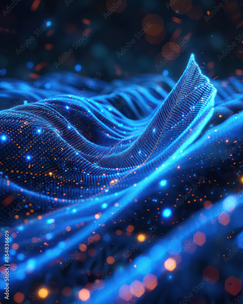 Aufkleber futuristic abstract digital art mesmerizing blue wave form with sparkling points and glowing lines i