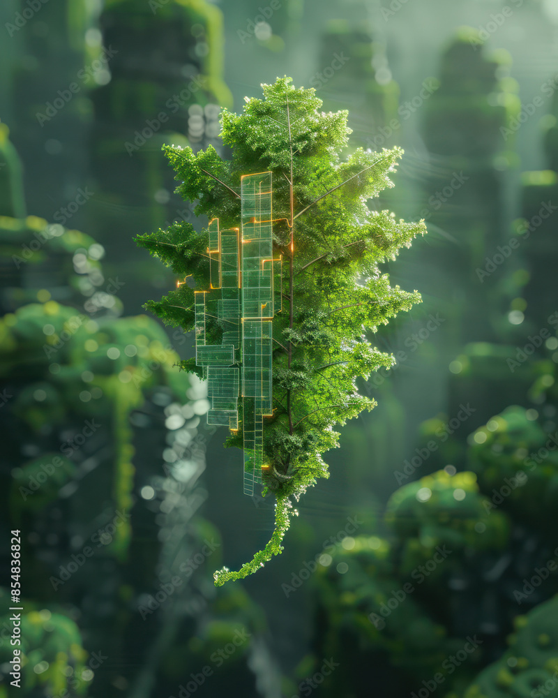 Poster futuristic conceptual art of floating island with integrated technology and lush greenery in enchant