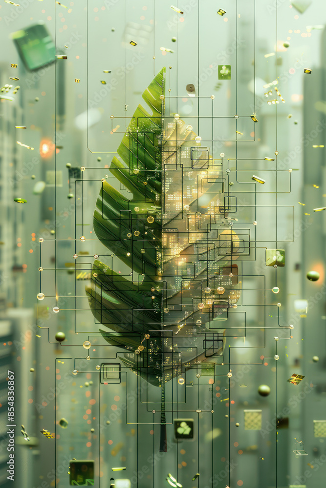 Poster futuristic digital art with leaf fragmentation symbolizing nature and technology integration in urba