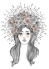 Angel girl with wings, cross, roses and halo. Isolated hand drawn vector illustration. Trendy Vintage style element. Spirituality, occultism, alchemy, magic.