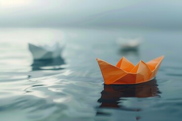 Two paper boats floating on the surface of calm water, suitable for use in editorial or commercial contexts