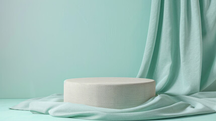 Textured canvas product display podium on a pale turquoise background: Artistic and inviting, perfect for handmade goods or artisanal products, the canvas podium and turquoise background create a warm