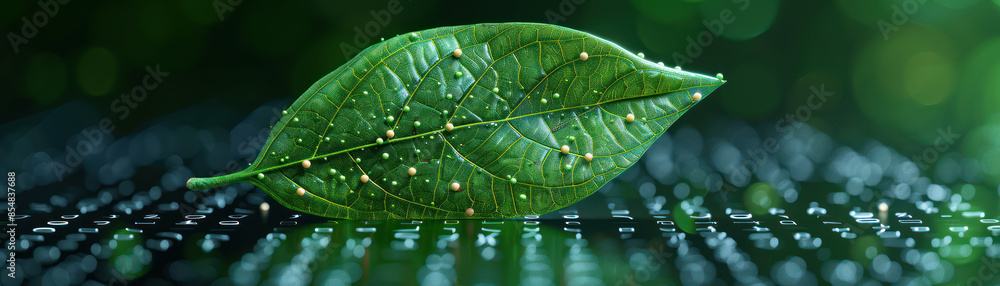 Poster high resolution image of single green leaf on digital interface background showing technology and na