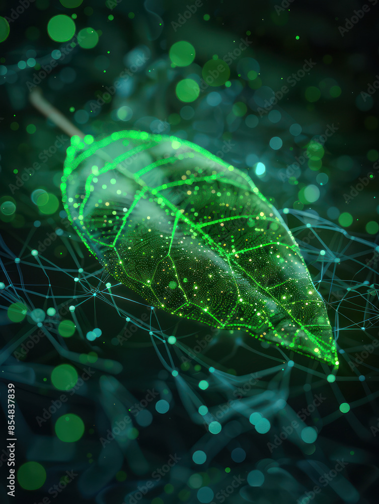 Poster innovative intersection of nature and technology digital visualization of a neural network leaf with