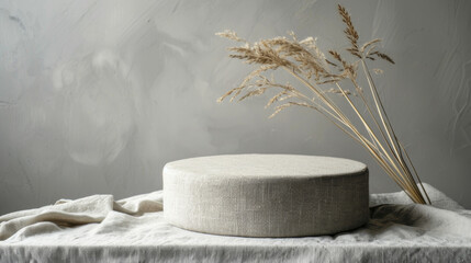 Textured fabric product display podium on a soft grey background: Natural and cozy, ideal for handmade crafts or eco-friendly products, the fabric podium and grey background create a warm and inviting