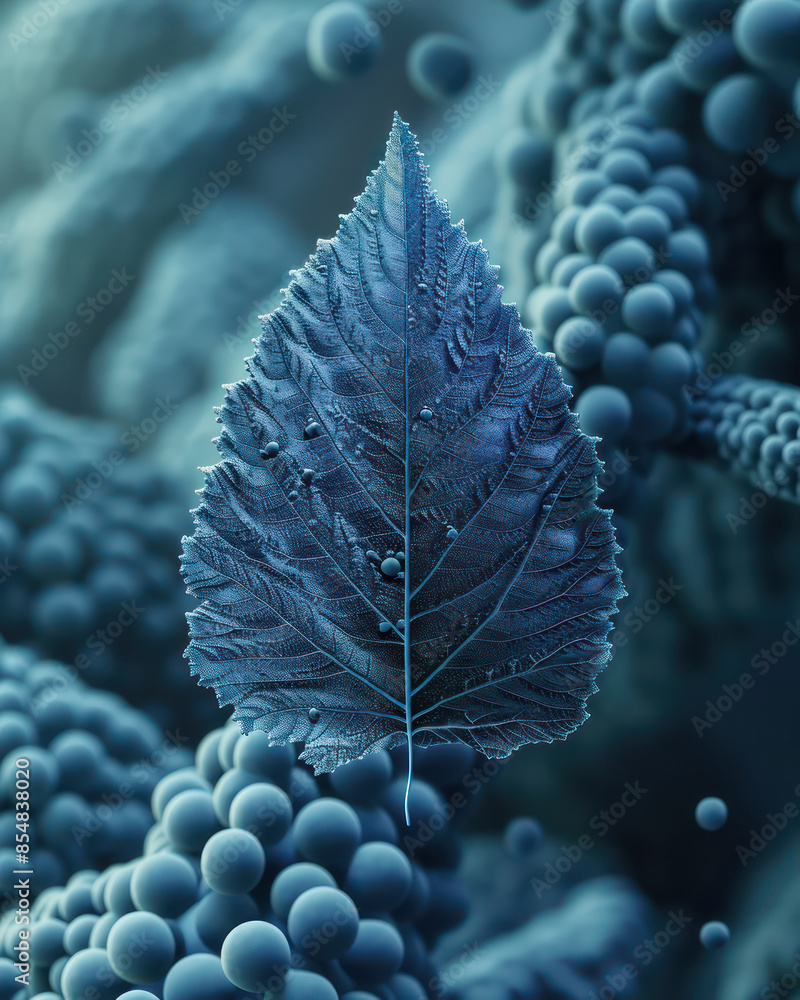 Poster mesmerizing close up of blue leaf surrounded by abstract spherical structures depicting fusion of na