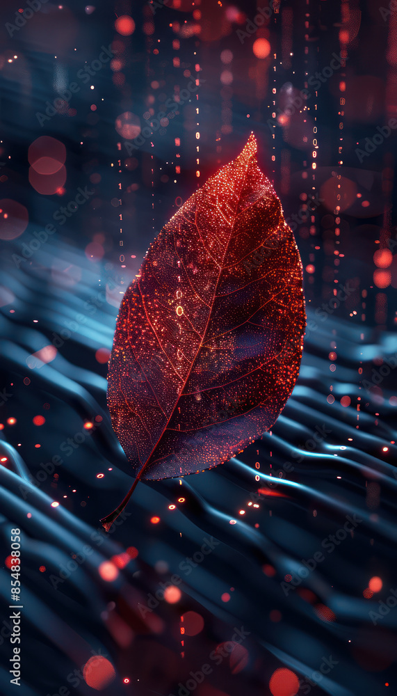 Poster mesmerizing digital artwork red leaf with abstract blue background and glowing dots creating a futur