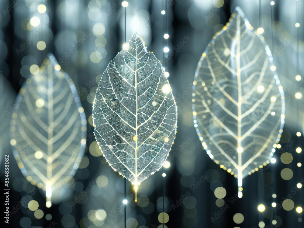 Poster mesmerizing image of translucent leaves with glowing lights in a dreamlike background captivating na