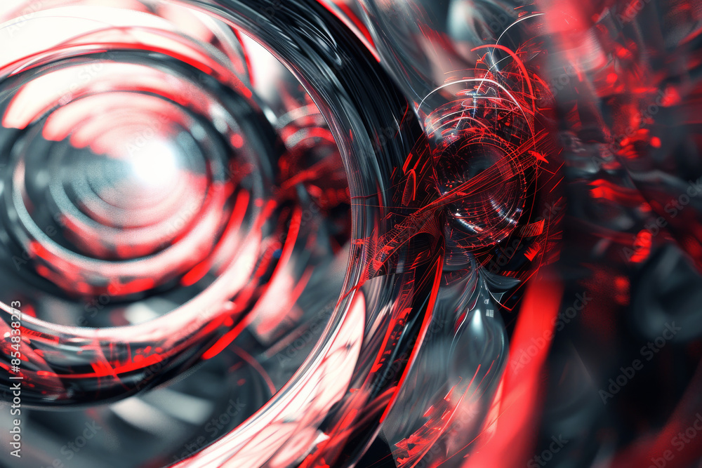 Poster transparent glass with embedded red fractal designs: bold and techy, perfect for futuristic interfac