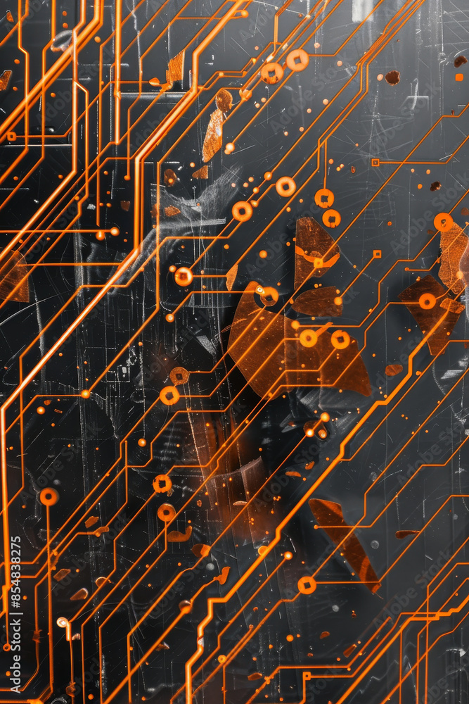 Poster transparent glass with embedded orange circuitry designs: bold and techy, perfect for futuristic int