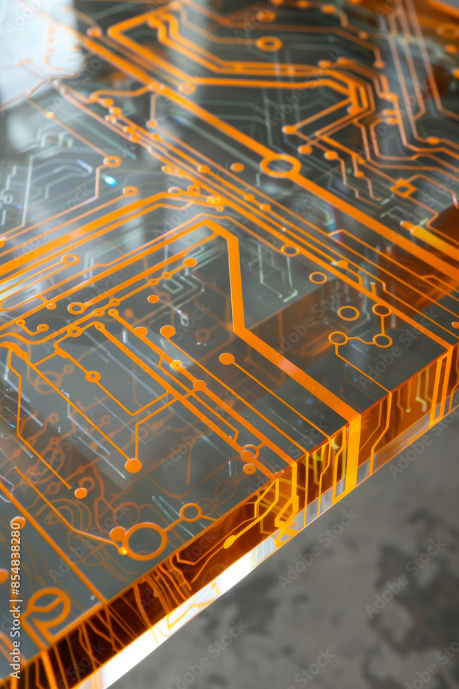 Poster transparent glass with embedded orange circuitry designs: bold and techy, perfect for futuristic int