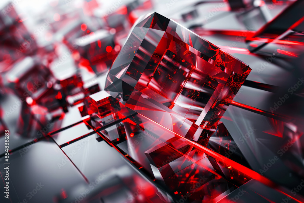 Poster transparent glass with embedded red fractal designs: bold and techy, perfect for futuristic interfac
