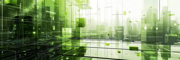 Obraz premium Transparent glass with embedded green geometric shapes: Bold and techy, great for futuristic interfaces or sci-fi themes, the glass and green shapes create a striking and sophisticated setting