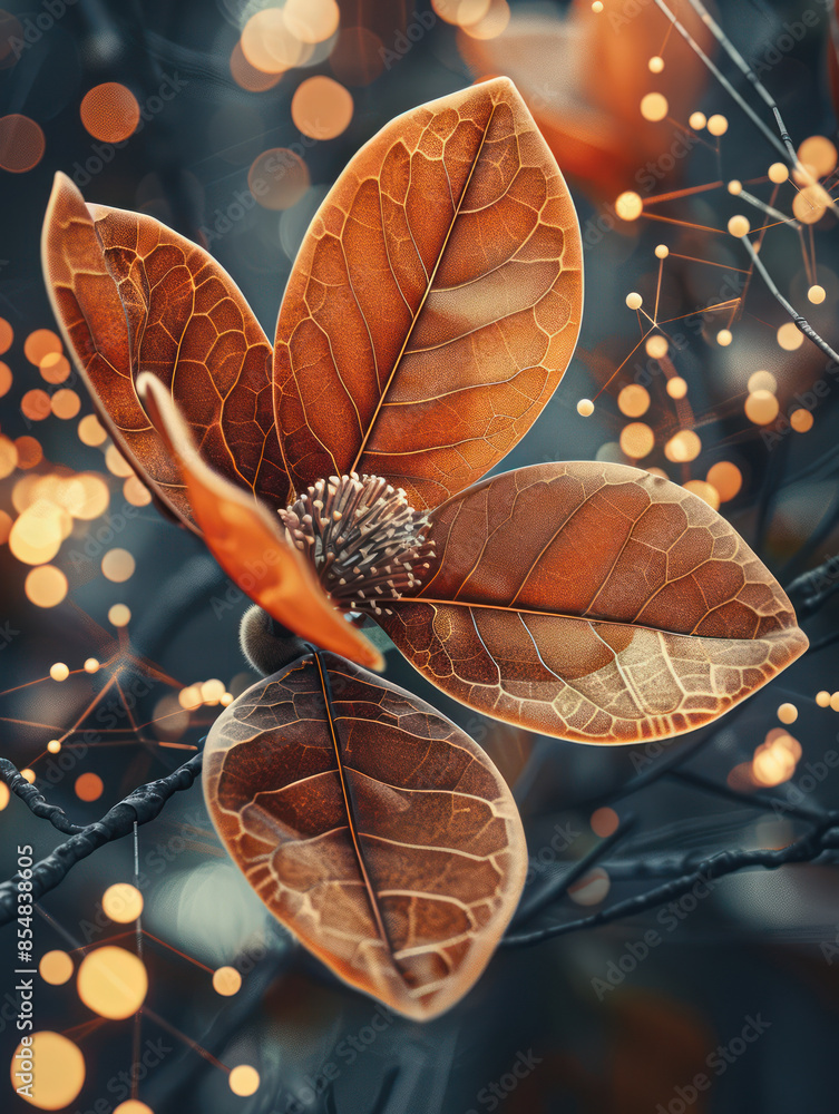 Poster surreal digital art of an abstract autumn leaf with glowing particles and network connections, depic
