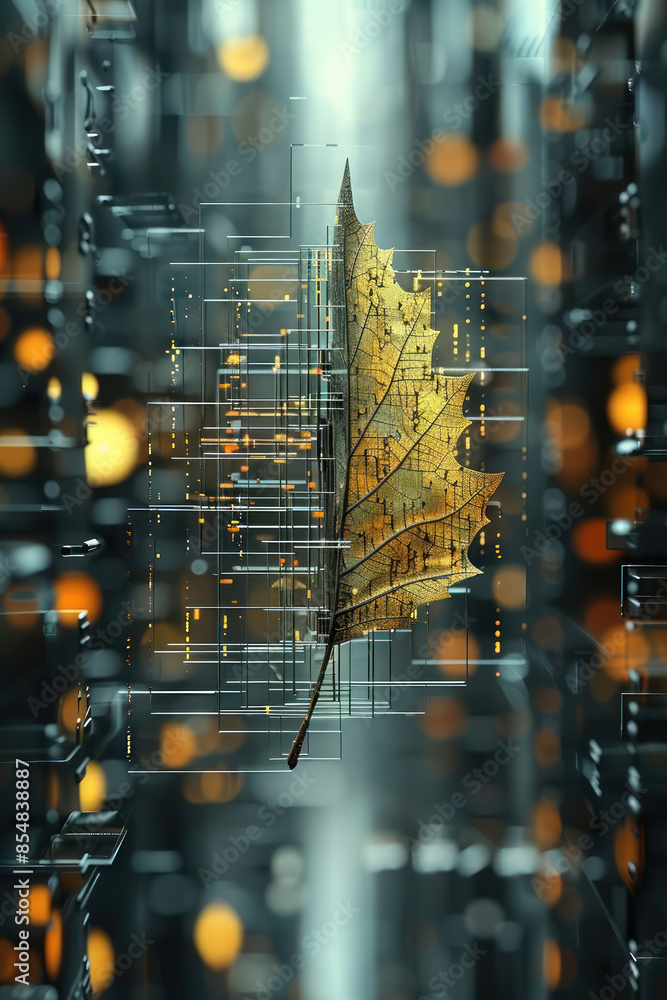Poster the intersection of nature and technology a golden leaf embedded in a digital matrix symbolic of tec