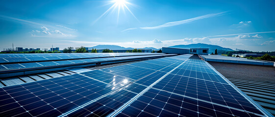 Solar panels on a factory roof, sustainable energy, clear sky, modern industry
