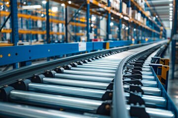 Fototapeta premium Curved Roller Conveyor in Modern Warehouse. A detailed view of a curved roller conveyor in a spacious, organized warehouse with shelves and boxes in the background.