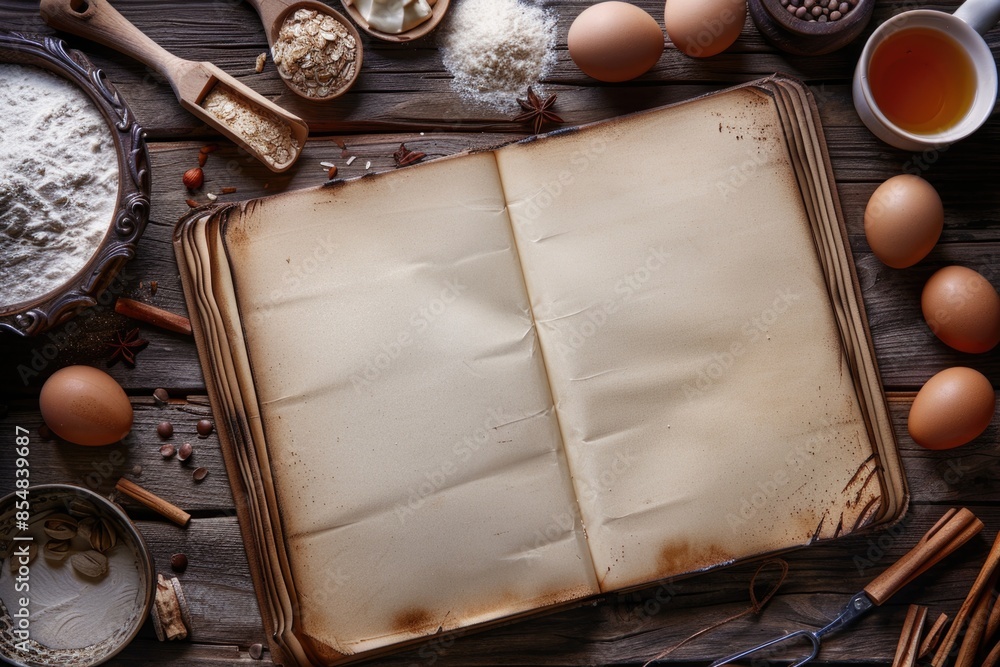 Poster An open book sitting on a wooden table with a rustic background