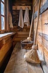 Two brooms and a bucket placed on a wooden bench, suitable for use in cleaning or storage