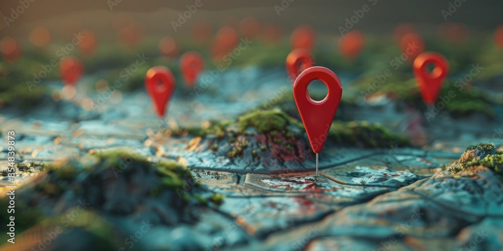 Poster map details with red markers indicating locations or points of interest