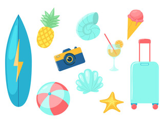 Collection, a set of items related to the beach and travel, a surfboard, a camera, a suitcase, a ball, a pineapple, a shell and a glass of drink. Vector flat illustration on white background