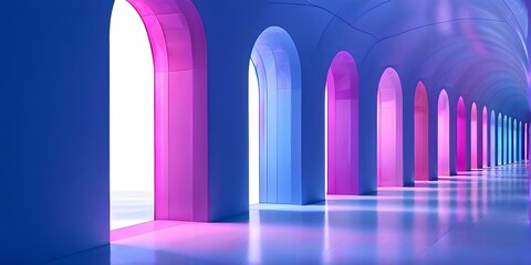 futuristic long empty light corridor in cyan colors with sleek modern design