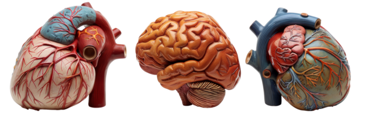 Detailed Anatomy Organ Models Set - Heart, Brain, Liver on White Background