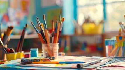 Assorted kids art supplies scattered on a desk, soft focus background with copy space area at the bottom for text