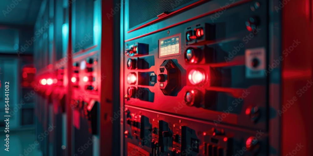 Poster A picture of various types of switches and circuit breakers installed on walls and panels in an electrical room