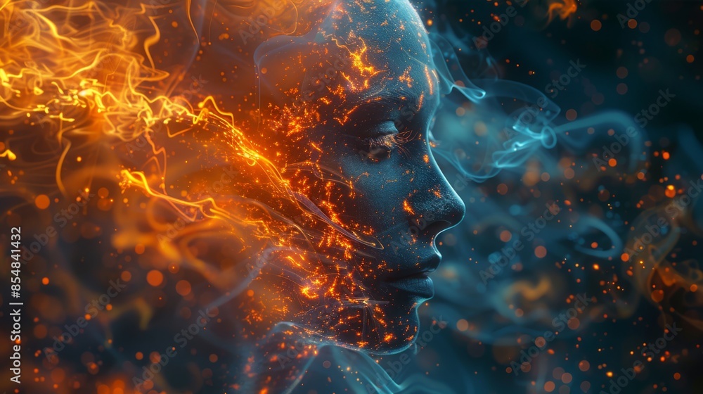Poster fiery abstract face with bright sparks. an abstract digital art piece depicting a face with bright s