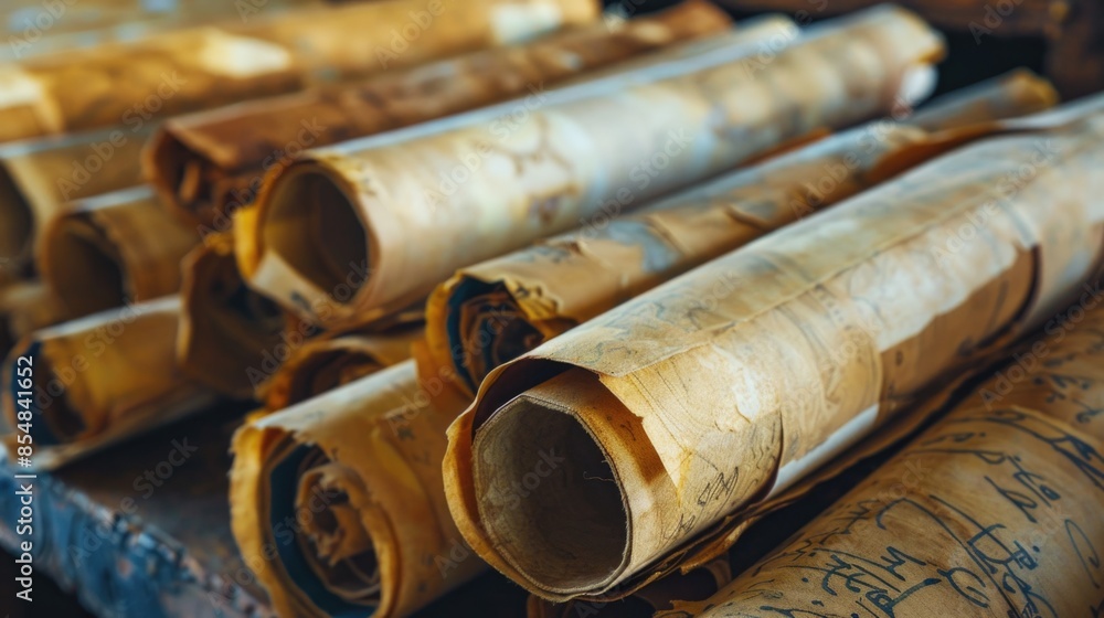 Poster a stack of yellowed papers and documents piled high on a wooden table, with some pages torn or creas