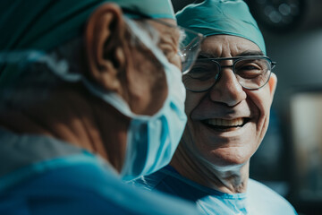 Two male surgeons in operating room. Generative AI image