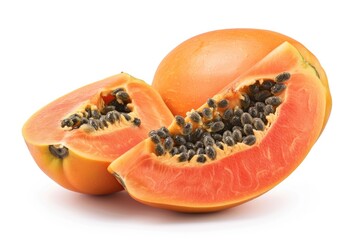 Fresh papaya cut in half showing juicy interior and seeds, ideal for fruit or wellness photography