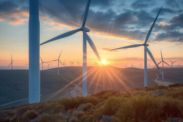 Sunset over sprawling wind turbines in a clean energy landscape. Generative AI image