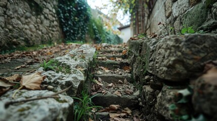 Obraz premium A natural stone wall with lush green grass growing between the stones